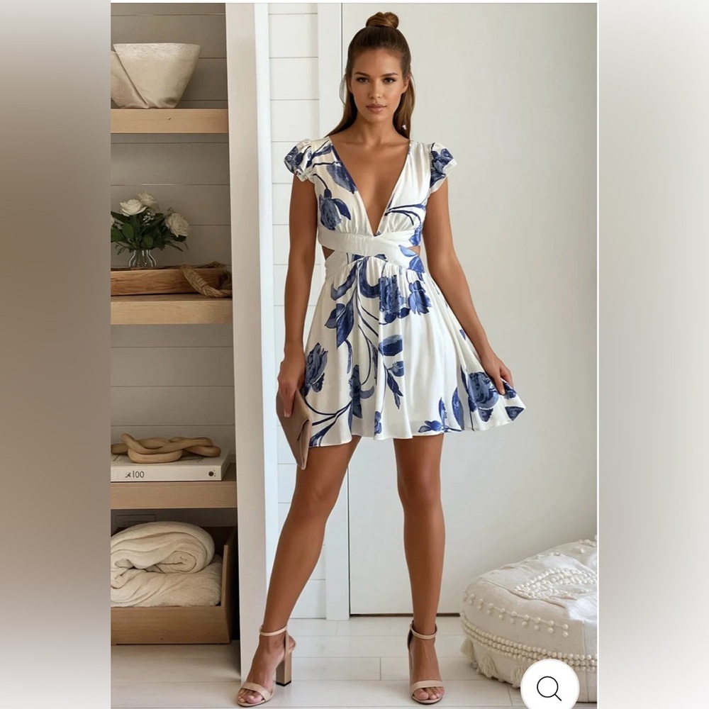 White & Blue Floral V-Neck Cutout Mini Dress-NEW